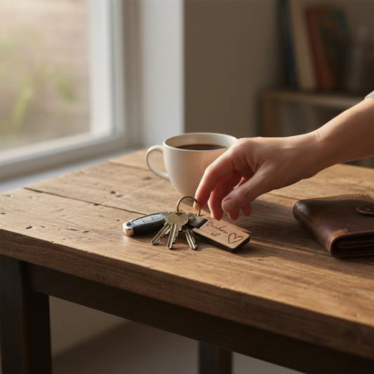 Rechteckiger Walnussholz-Schlüsselanhänger für Erzieherinnen und Erzieher – Personalisiert