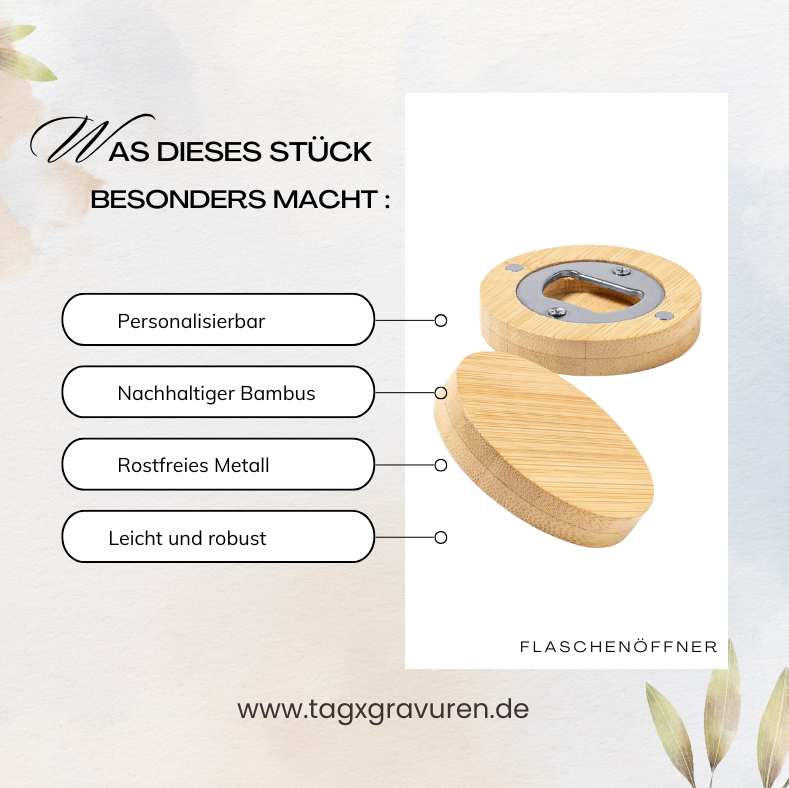 Runder Bambus-Flaschenöffner mit Magnet – Personalisiert mit Gravur
