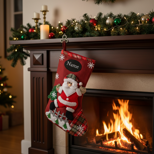 Personalisierte Nikolaussocken mit Schneemann, Weihnachtsmann, Bär und Elch, anpassbar mit Namen und Schriftart, ideal als Weihnachtsgeschenk.