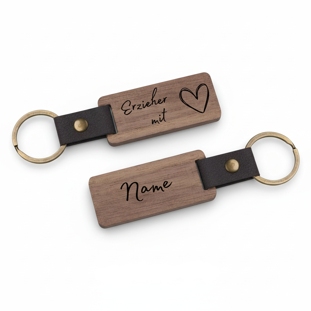 Rechteckiger Walnussholz-Schlüsselanhänger für Erzieherinnen und Erzieher – Personalisiert