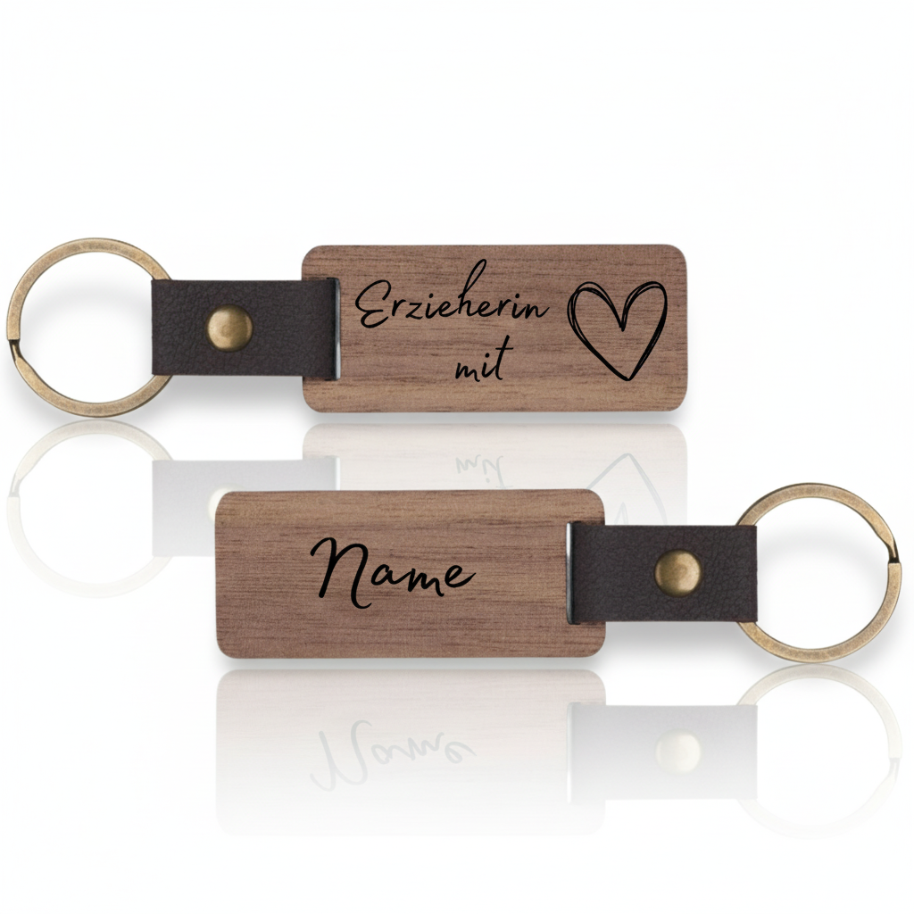 Rechteckiger Walnussholz-Schlüsselanhänger für Erzieherinnen und Erzieher – Personalisiert