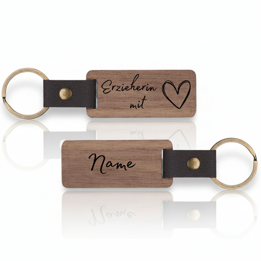 Rechteckiger Walnussholz-Schlüsselanhänger für Erzieherinnen und Erzieher – Personalisiert