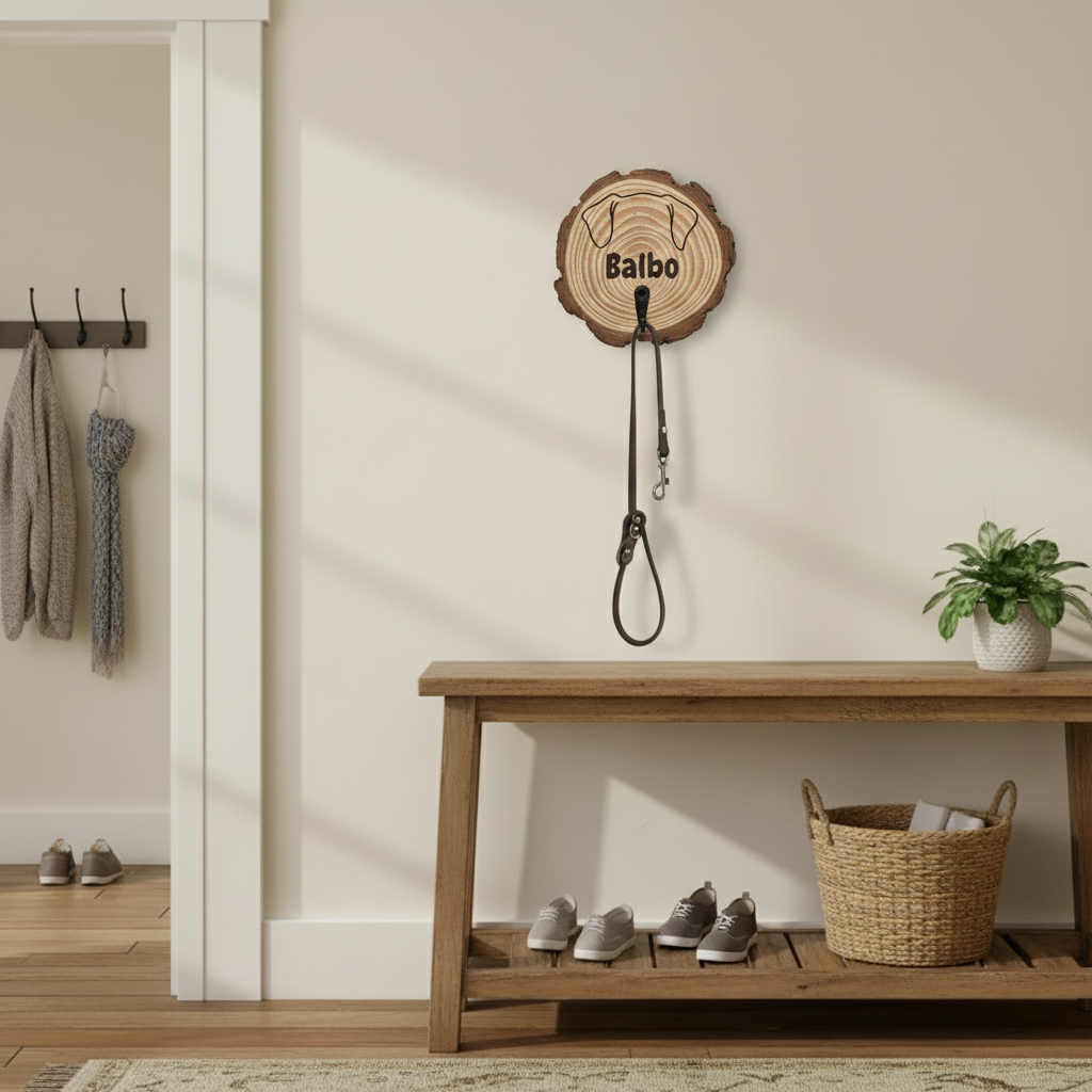 Hundeleinen-Halter aus Holzscheibe mit Name & Motiv
