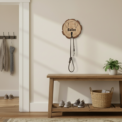 Hundeleinen-Halter aus Holzscheibe mit Name & Motiv