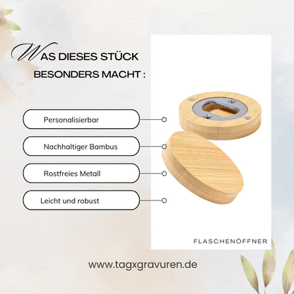 Runder Bambus-Flaschenöffner mit Magnet – Personalisiert mit Gravur