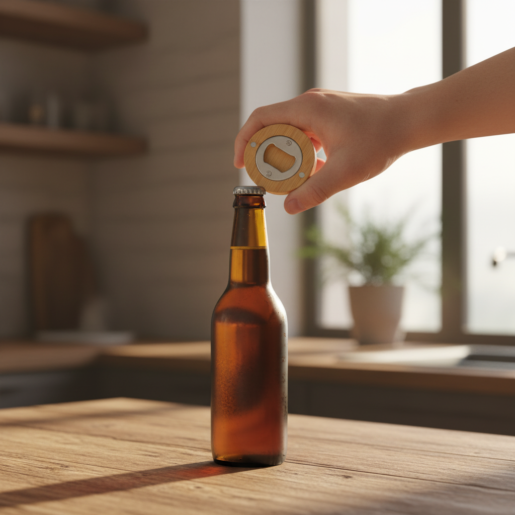 Runder Bambus-Flaschenöffner mit Magnet – Personalisiert mit Gravur