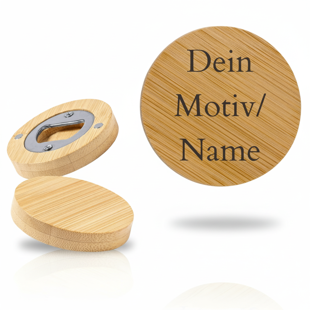 Runder Bambus-Flaschenöffner mit Magnet – Personalisiert mit Gravur