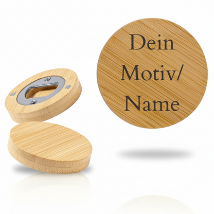 Runder Bambus-Flaschenöffner mit Magnet – Personalisiert mit Gravur