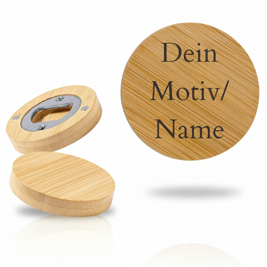 Runder Bambus-Flaschenöffner mit Magnet – Personalisiert mit Gravur