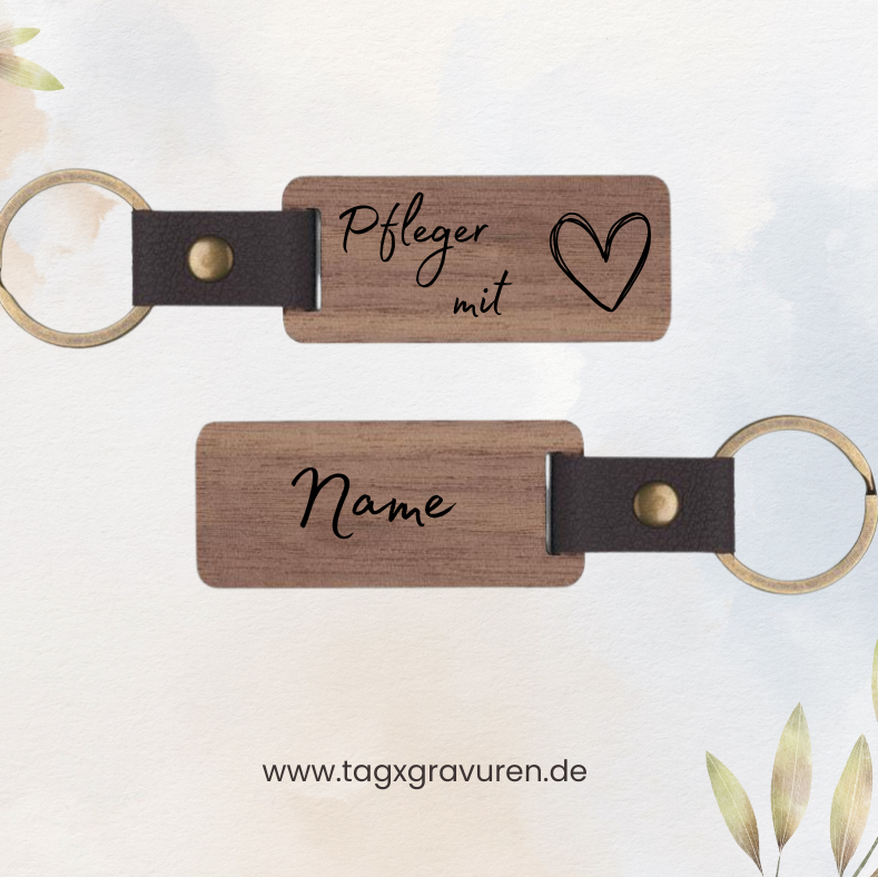 Rechteckiger Walnussholz-Schlüsselanhänger für Pflegerin und Pfleger – Personalisiert