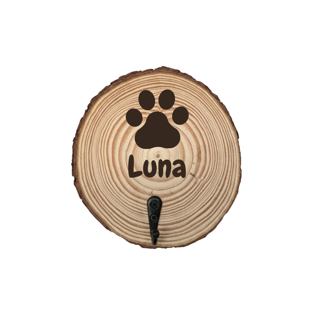 Hundeleinen-Halter aus Holzscheibe mit Name & Motiv