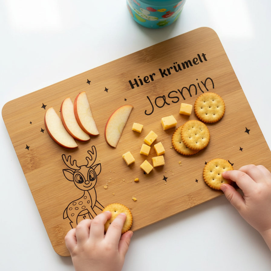 Personalisiertes Bambus Frühstücksbrettchen für Kinder mit Gravur & niedlichen Motiven