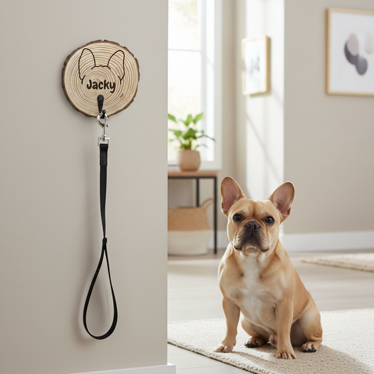 Hundeleinen-Halter aus Holzscheibe mit Name & Motiv