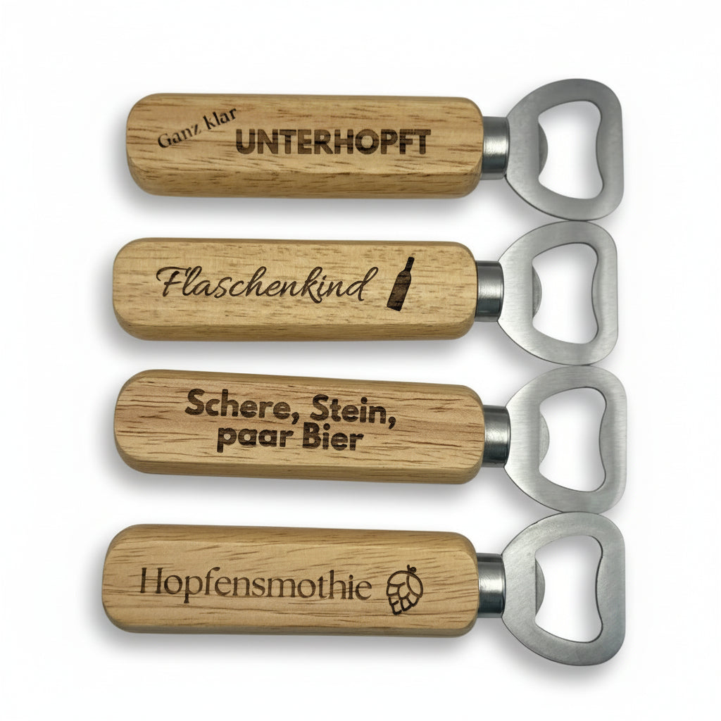 Flaschenöffner mit Holzgriff und wählbaren Motiven