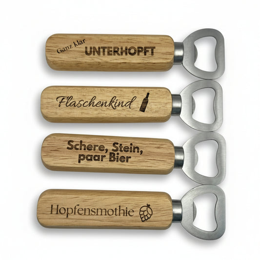 Flaschenöffner mit Holzgriff und wählbaren Motiven