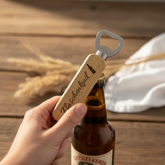 Flaschenöffner mit Holzgriff und wählbaren Motiven