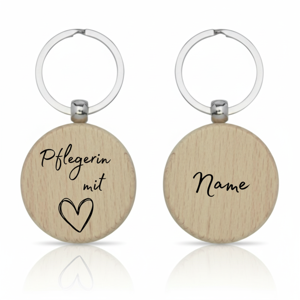 Handgefertigter runder Holz-Schlüsselanhänger – personalisiert für Pflegekräfte