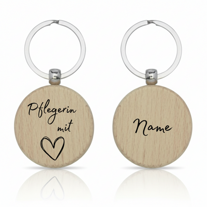 Handgefertigter runder Holz-Schlüsselanhänger – personalisiert für Pflegekräfte