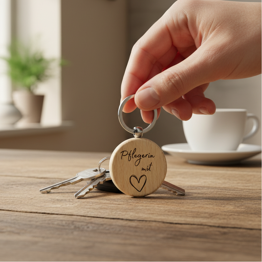 Handgefertigter runder Holz-Schlüsselanhänger – personalisiert für Pflegekräfte