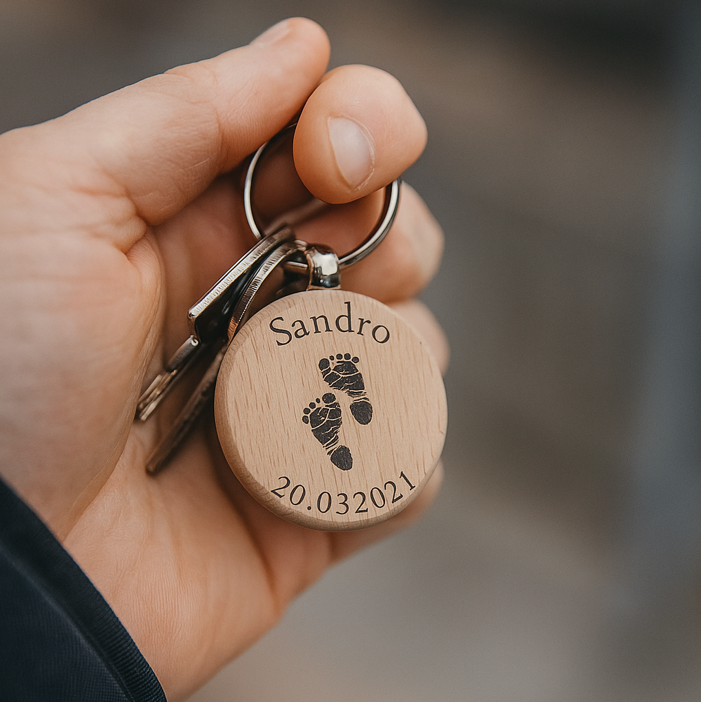 Personalisierter Holz-Schlüsselanhänger mit Baby-Daten